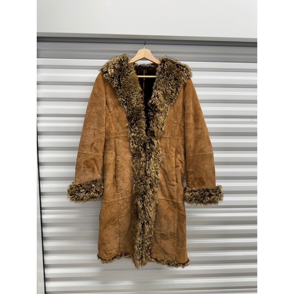 Marvin Richards Vintage Suede Leather Faux Fur Trim Penny Lane Coat Brown Small